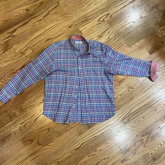 Tommy Bahama Men's Shirt Sz L Cotton Silk Blue Prism Break Plaid Colorful Flip C - Picture 1 of 7